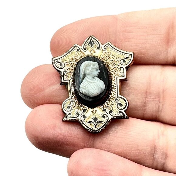 Antique Womans Brooch Pin 10K Rose Gold Shell Cameo Taile D' Epargne Victorian - Picture 3 of 6